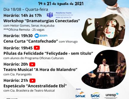 Quarta-feira (18): workshop à tarde e diversas apresentações à noite