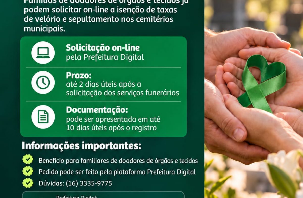 Isenção de taxa funerária para doadores de órgãos já pode ser pedida on-line